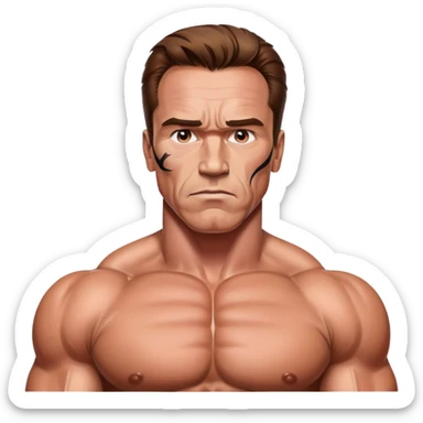 Young Arnold Schwarzenegger from commando poster with war makeup on ready to fight (seen above the chest) sticker