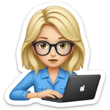 ragazza bionda con capelli lunghi, con occhiali tartarugati, occhi azzurri che lavora al pc sticker