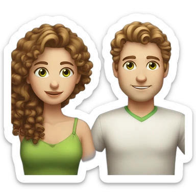 white European man with brown curly hair, blue eyes. chubby wphite woman with long light brown curly hair and green eyes sticker