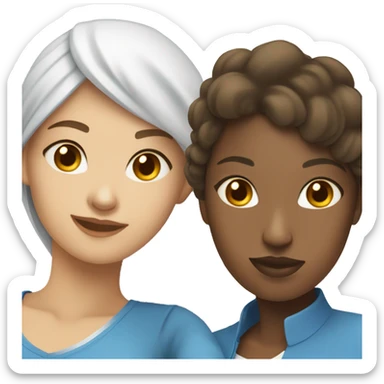 African woman taking selfie with Asian woman in modest clothes blue white sticker