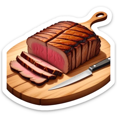 Cinematic smoked brisket, deep mahogany crust, perfectly sliced to reveal juicy marbled meat, warm smoky aroma, served on a wooden board, rich and flavorful, ultra-detailed and appetizing. sticker
