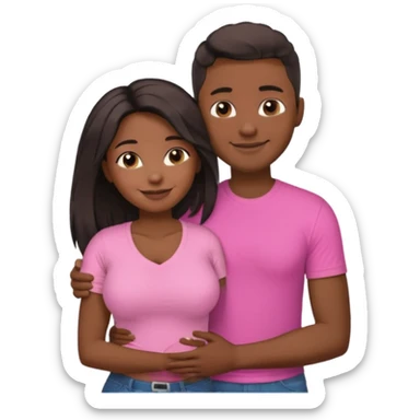 Black lesbian couple with one dark skin masculine with short hair low cut fade with a t shirt with breasts and one feminine with very long hair in a pink blouse hugging  sticker