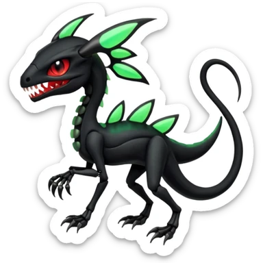 Obsidian-black and neon-glowing-green skeletal Meloetta-Salandit-Gorebyss-Salazzle-Pokémon-Fakémon-creature-fusion-hybrid with glowing crimson-red evil slit eyes sticker