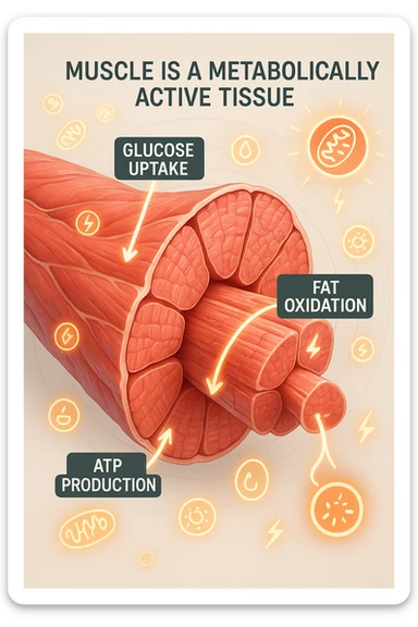 a highly detailed cross-section of human skeletal muscle fibers, shown in vibrant red and pink tones, with visible striations and realistic texture. Glowing arrows and animated icons represent active metabolic processes—such as glucose uptake, fat oxidation, and ATP production—occurring within the muscle tissue. Surrounding the muscle, floating symbols for mitochondria and energy highlight its metabolic activity. The background is clean and clinical, with subtle labels and infographics explaining that muscle is a metabolically active tissue. The overall style is modern, scientific, and visually engaging, suitable for educational or medical use. sticker