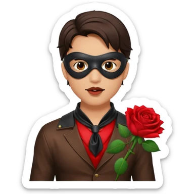brunette young adult man with leather eye mask and leather halter neck blouse, holding rose with his mouth sticker