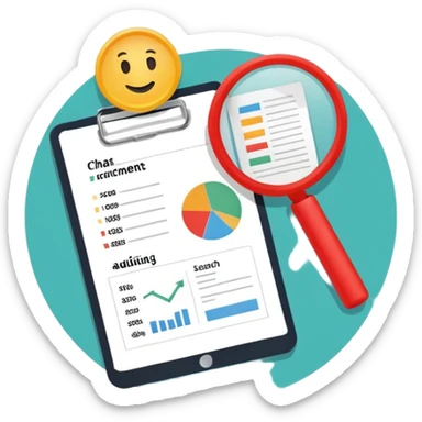 Checking and auditing estimate documents with search icon and infographic chart sticker
