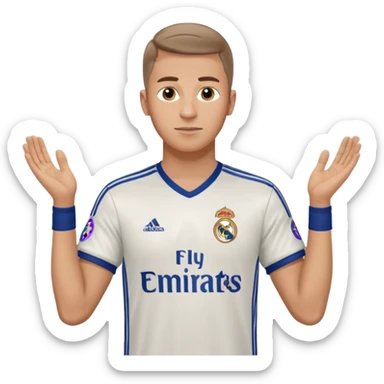 White male wearing Adidas Real Madrid jersey with Champions logo on sleeve sticker