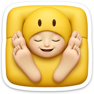 Cute 3D yellow smiley, closed eyes, smile, feet up, hands under chin, white background. sticker