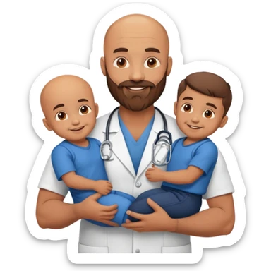 Muscular bald doctor with brown beard holding three sons sticker