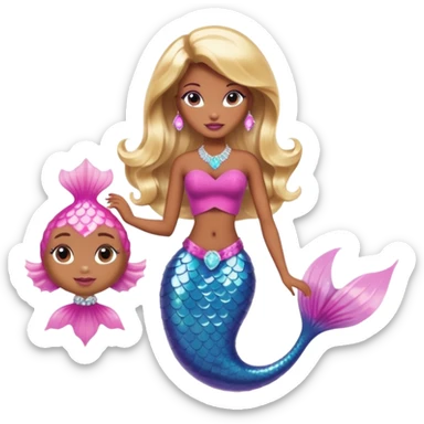 Brown skin blonde hair barbie mermaid with pink diamond tail  with pufferfish sticker