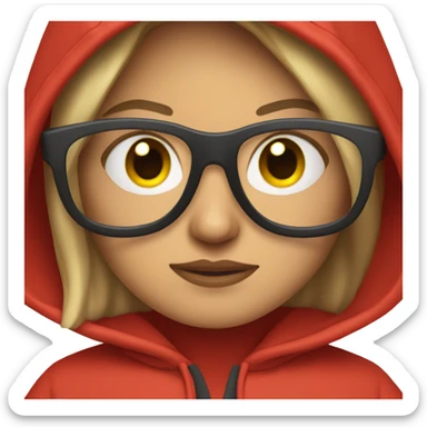 woman in a red hoodie closed over the face, showing only the glasses sticker