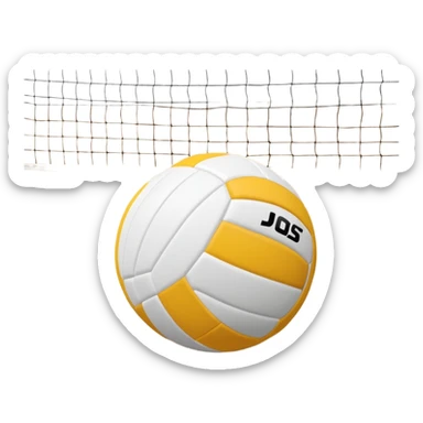The background shows the stands filled with spectators, creating an energetic atmosphere of a volleyball match, with attention to detail on the equipment and the surrounding environment. A close-up of a volleyball on the court, with the net in focus and the court markings visible.  sticker
