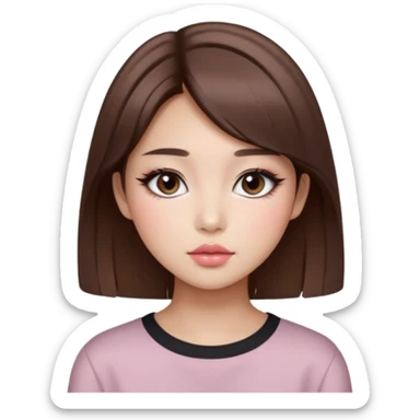 “korean straight brown hair Emoji girl, soft eyeliner and blush, gradient lips, light brown shimmer eyeshadow sticker