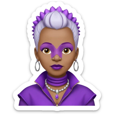 57yr old Qeen black woman with a white colored  natural hair mohawk style haircut adorning purple royalty clothing and purle lipstick, with a nose studs on each nostril  sticker