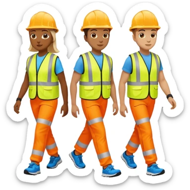 three diverse friends walking side by side, wearing high-visibility vests, no hard hats, trainers sticker