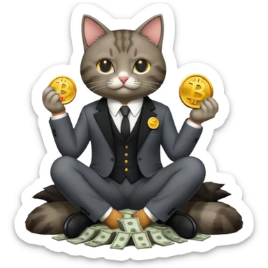 cat mafia corleone sitting on money, bitcoin BTC on hand sticker