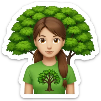 Make a zumba coach emoji, brown eyes, brown hair girl, long ponytail,green t shirt with a tree logo on It sticker