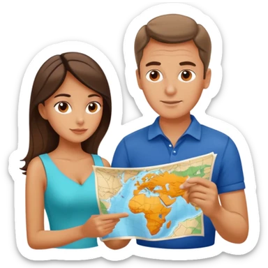 Russian man and elegant Spanish girl in vacation outfits with a map planning  sticker