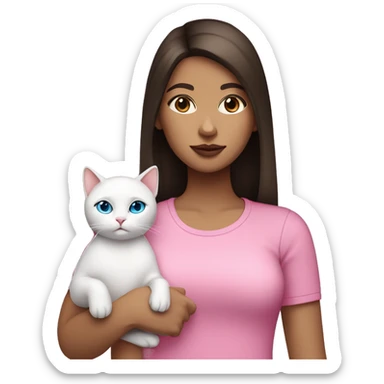 white girl with straight dark brown hair and blue eyes with pink lips wearing a pink shirt holding a white cat sticker