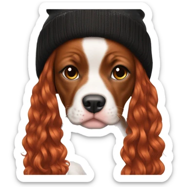 Long Red haired woman in beanie with septum piercing holding black and white English Staffordshire puppy sticker