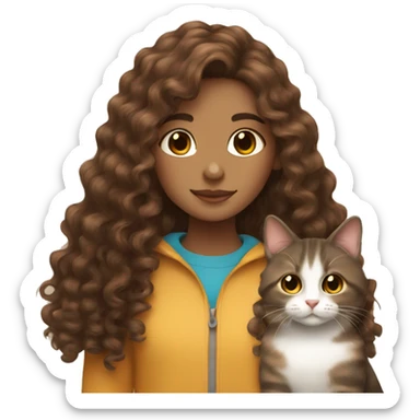 Curly long brown hair girl with a tricolor cat  sticker