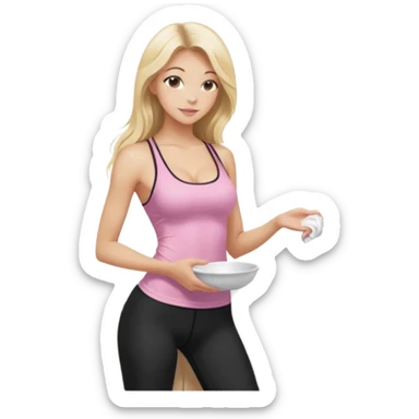 Seductive, thin fair skinned woman, long blond hair, washing dishes, SFW sheer pink tank top, without undergarments showing natural breast shape SFW, black yoga pants, perfect booty sticker