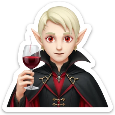 male elf vampire emoji, pale skin, red glowing eyes, long pointed ears, black high-collared cloak with red lining, holding a wine glass filled with red liquid, elegant Halloween fantasy look, smooth Apple emoji style, clean white background, square image sticker