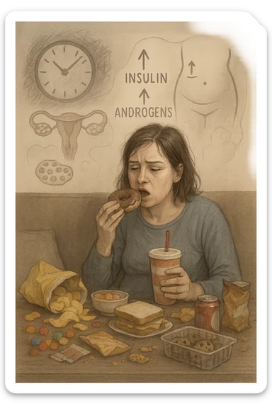 Donna tra i 25 e i 35 anni seduta sul divano o a un tavolo disordinato, circondata da cibi sparsi e poco sani: patatine, dolci, pane bianco, snack confezionati, bibite. Mangiando di fretta, ha un’espressione stanca e frustrata. Intorno a lei, in trasparenza o come illustrazione simbolica, si vedono gli effetti della PCOS peggiorata: ovaie con cisti multiple, squilibrio ormonale (↑ insulina, ↑ androgeni), gonfiore addominale. Sullo sfondo, orologio che corre o caos visivo che comunica disorganizzazione alimentare. Colori spenti e atmosfera stanca. Stile realistico con elementi simbolici e informativi. sticker