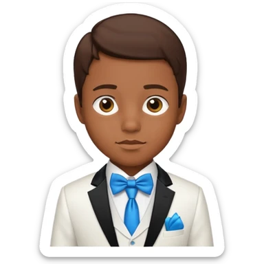 A boy with dark brown skin and I little bit of brown hair and a white tuxedo with a blue tie sticker