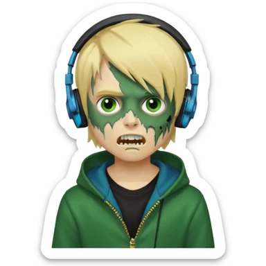 boy zombie whit blonde emo hair and eyes blue and GREEN SKIN and heandphones black AND A MICROFONE AND GOLD TEETH and agesive face and the hoodie black  sticker