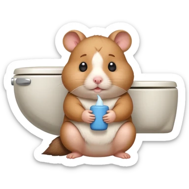 Cute chubby cartoon-style hamster sitting on toilet pooping looking as if he had an accident sticker