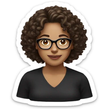 A women with brown medium curly hair, light skinned, full cheeks, black shirt and black glasses reading  sticker