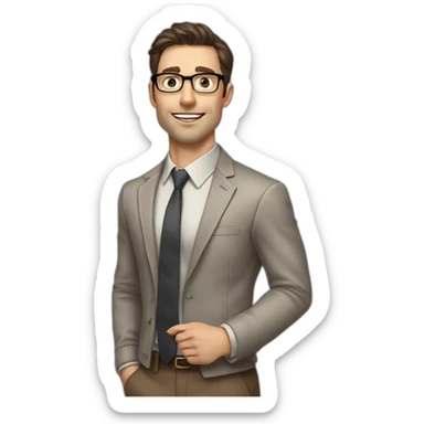 Pale skinned fit man with dark brown hair in gray jacket, beige office shirt, brown tie, brown pants and vintage glasses Writing on the marker board sticker