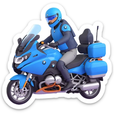 blue BMW R 1200 RT touring motorcycle with rider and saddlebags sticker