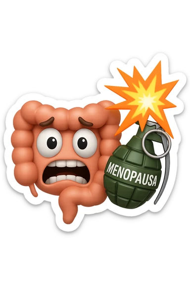 EMOJI STILE IPHONE 3D DI INTESTINO 3D CON ESPRESSIONE SPAVENTATA IN VOLTO MENTRE ACCANTO A LUI SCOPPIA UNA GRANATA 3D CON LA SCRITTA "MENOPAUSA" SOPRA, FAGLI ANCHE LA PARTE BIANCA DEGLI OCCHI, NON SOLO LA PUPILLA sticker