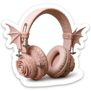 Add ornate lace, small bat wing charms, and a silver safety pin to the realistic pink gothic headphones with bat wing details, lace trim, and dark roses. Keep the background transparent. Maintain the realistic pink gothic style with lace and bat wing motifs. sticker