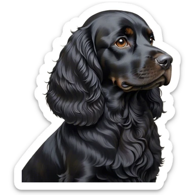 Cinematic Noble Black Cocker Spaniel Portrait Emoji, Poised and regal, with a sturdy build and a sleek, shiny black coat accented by subtle tan markings, deep-set soulful dark eyes, Simplified yet sharp and sophisticated features, highly detailed, glowing with a soft, dignified glow, high shine, intelligent and alert, stylized with an air of refinement, focused and attentive, soft glowing outline, capturing the essence of a watchful and confident companion, so majestic it feels as though it could trot out of the screen with effortless authority! sticker