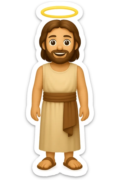Create a centered full body image of Apostle Peter facing straight, wearing a sleeveless shirt (not shirtless) and plain robes, classic emoji style with lighter colors, expressive face, smiling, halo, no background. sticker