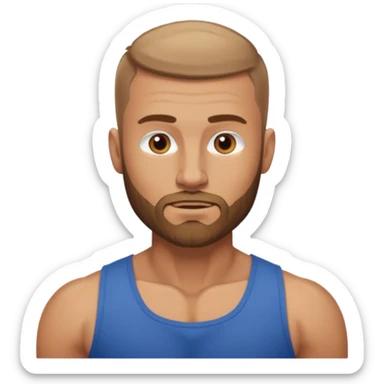 Head and torso of a Muscular Caucasian male with tan skin, short buzzcut, and a light brown beard. sticker