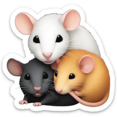 two ginger rats, two black rats and one white rat are sleeping together sticker