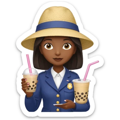 A Mysterious Elderly Female with Dark skin and Straight hair, wearing a Uniform outfit, a Sunhat, No glasses, carrying a Enchanted staff, working as a scientist, while drinking Bubble tea and reading a Journal. sticker