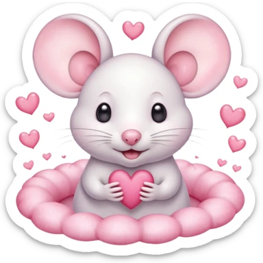 This is a cute watercolor illustration of a small, white cartoon mouse with large, round, pink-lined ears. The mouse has heart-shaped eyes, a small open mouth, and is surrounded by floating pink hearts, conveying a feeling of love, adoration, or strong affection. sticker