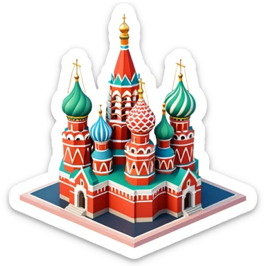 Isometric illustration of Moscow, featuring Saint Basil's Cathedral with its colorful onion domes, Red Square elements, in miniature diorama style, soft shadows and pastel colors. sticker