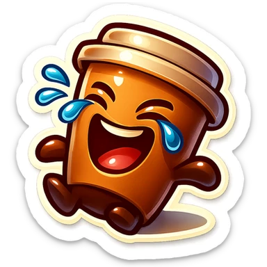 Tall coffee cup, laughing hard, tears in eyes, fallen over, dramatic laugh sticker