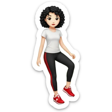 generate a pretty bratz fair skinned girl with curly black hair wearing a white tshirt trekking on a hill with red sneakers on and black leggings. Show HILLS sticker