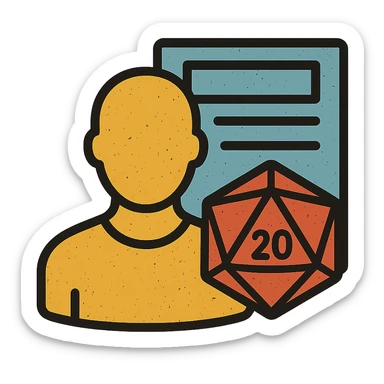 minimalist icon representing Player for DnD TTRPGs with silhouette, D20 dice, or character sheet, worn and distressed look sticker