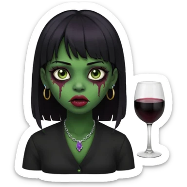 uma garota ZUMBI (cor de pele verde), com piercing na boca e no nariz, com olhos vinhos, cabelos pretos e com franja, e roupa preta sticker