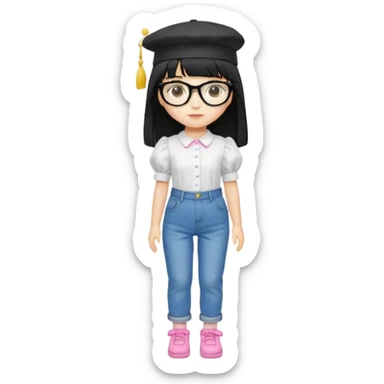 A yellow-skinned girl with long straight black hair, flat bangs, black frame glasses, a white puffy sleeve doll shirt, blue jeans and pink shoes, and a black painter's hat，no yellow spikes. sticker