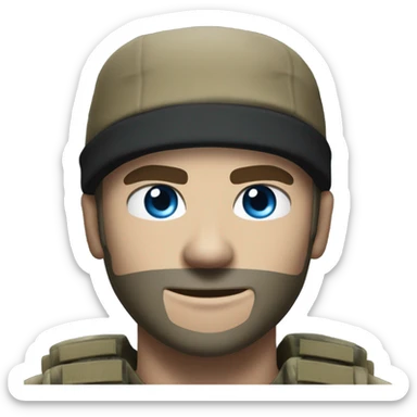White male, call of duty black mask, camo tactical gear, tan combat boots, black beanie, blue eyes sticker