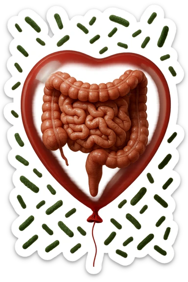 intestino umano anatomico chiuso in un palloncino rosso con batteri intestinali che fluttuano intorno, iperrealistico 4k sticker